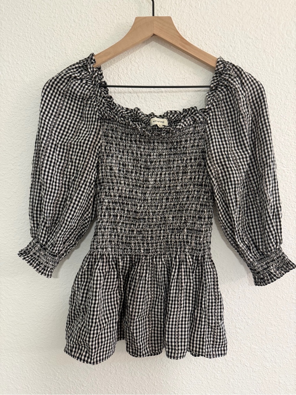 Max Studio Black & White Gingham Smocked Peplum Blouse